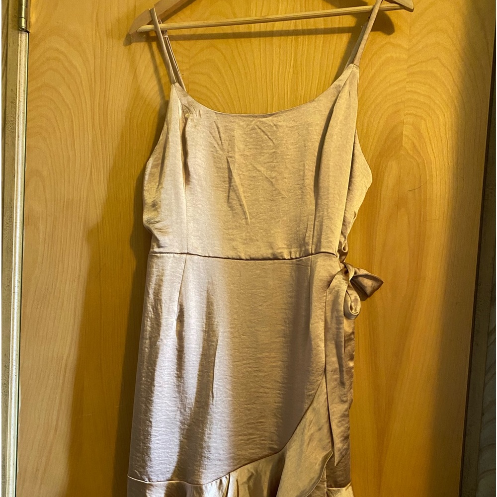 Bronze satin faux wrap mini dress NWT